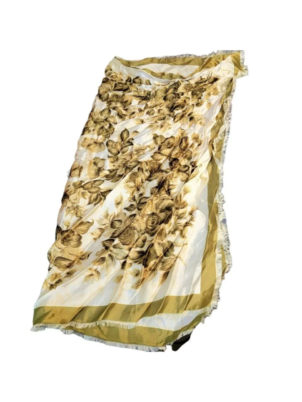 Vintage 70s Floral Scarf Women Accessories Acetate Fringe Green Beige Fall Leave